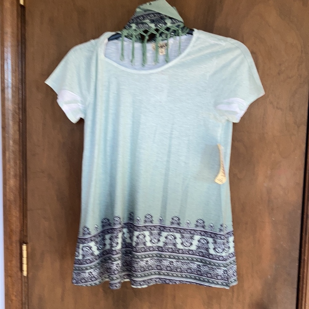 One World ombre sage top w boho print & matching scarf w fringe S - Picture 10 of 13